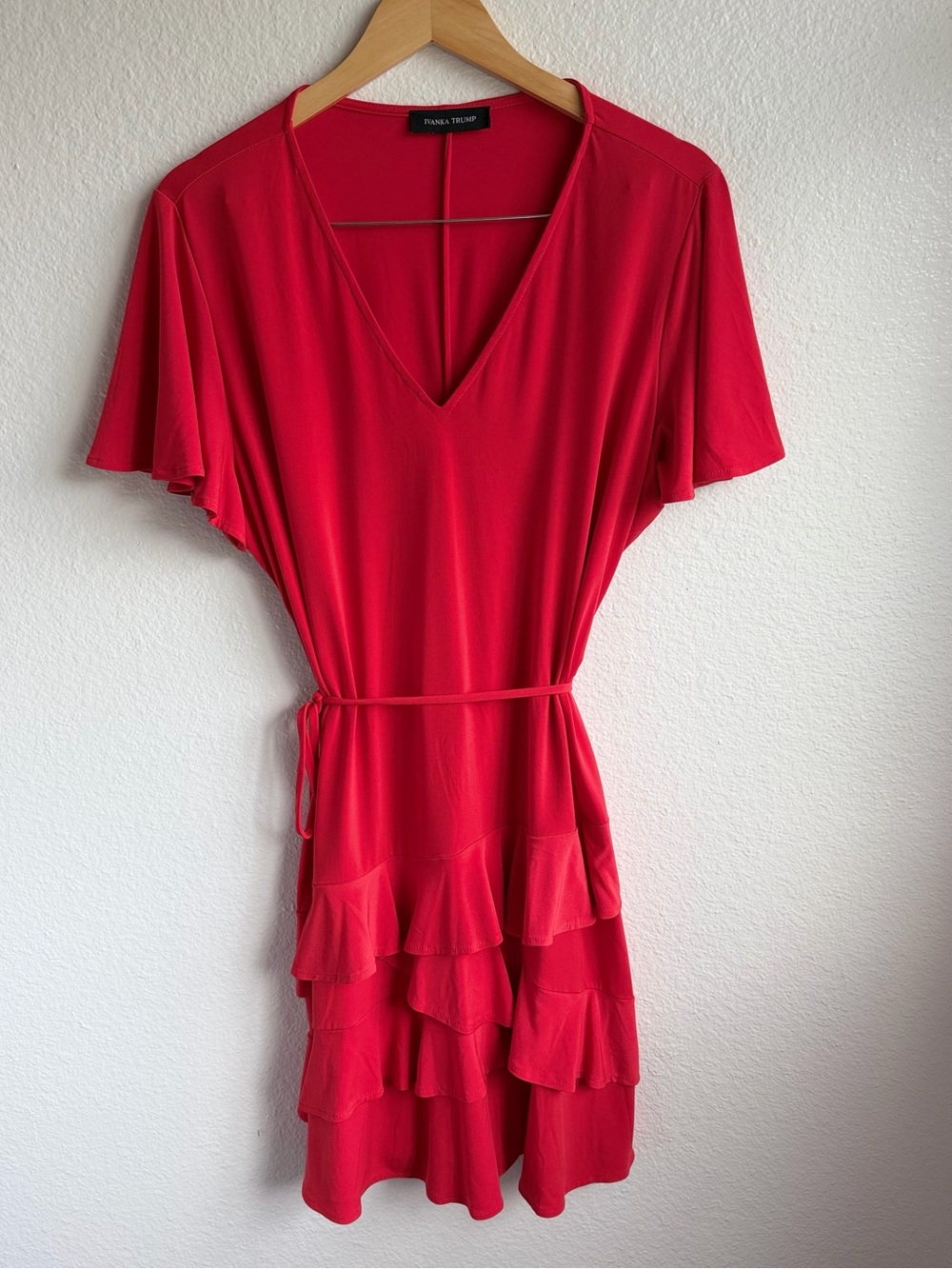 Ivanka Trump Red Flutter Sleeve Tiered Ruffle Wrap Cocktail Mini Dress